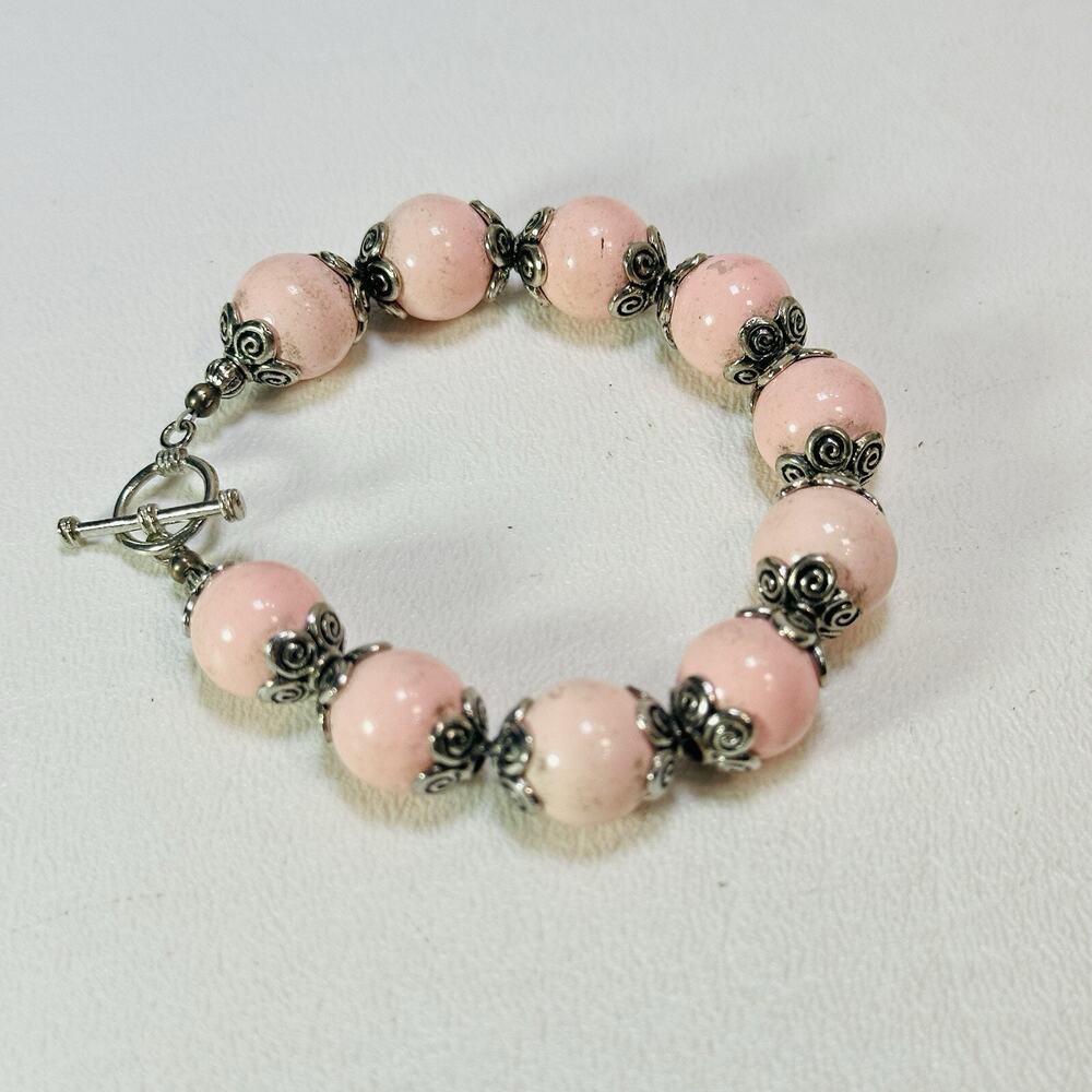Pink Bracelet Faux Opal Round Beads Silver Tone Etched Spacers Lobster Clasp